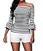 LittleLittleSky Women Cute Black White Striped Off Shoulder Tops 3/4 Sleeves Blouse Slim Form-Fitting Shirt ((US 12-14) L)