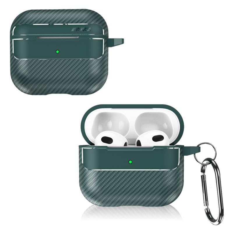 Compatible with AirPods 3 Generation Case [Carbon Fibre Texture][with Carabiner] Shockproof Protective Case Wireless Charging,Front LED Visible Full Protection Cover (Green)
