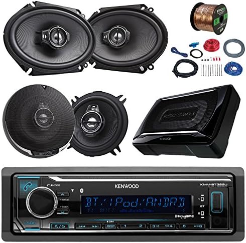 Kenwood KMMBT315U Bluetooth AM/FM Car Stereo Receiver Bundle Combo With 2x 6x8" 750W 3-Way + 2x 6.5" 320W Audio Coaxial Speakers + Compact Powered Subwoofer + Installation Kit + Enrock 50Ft Wire