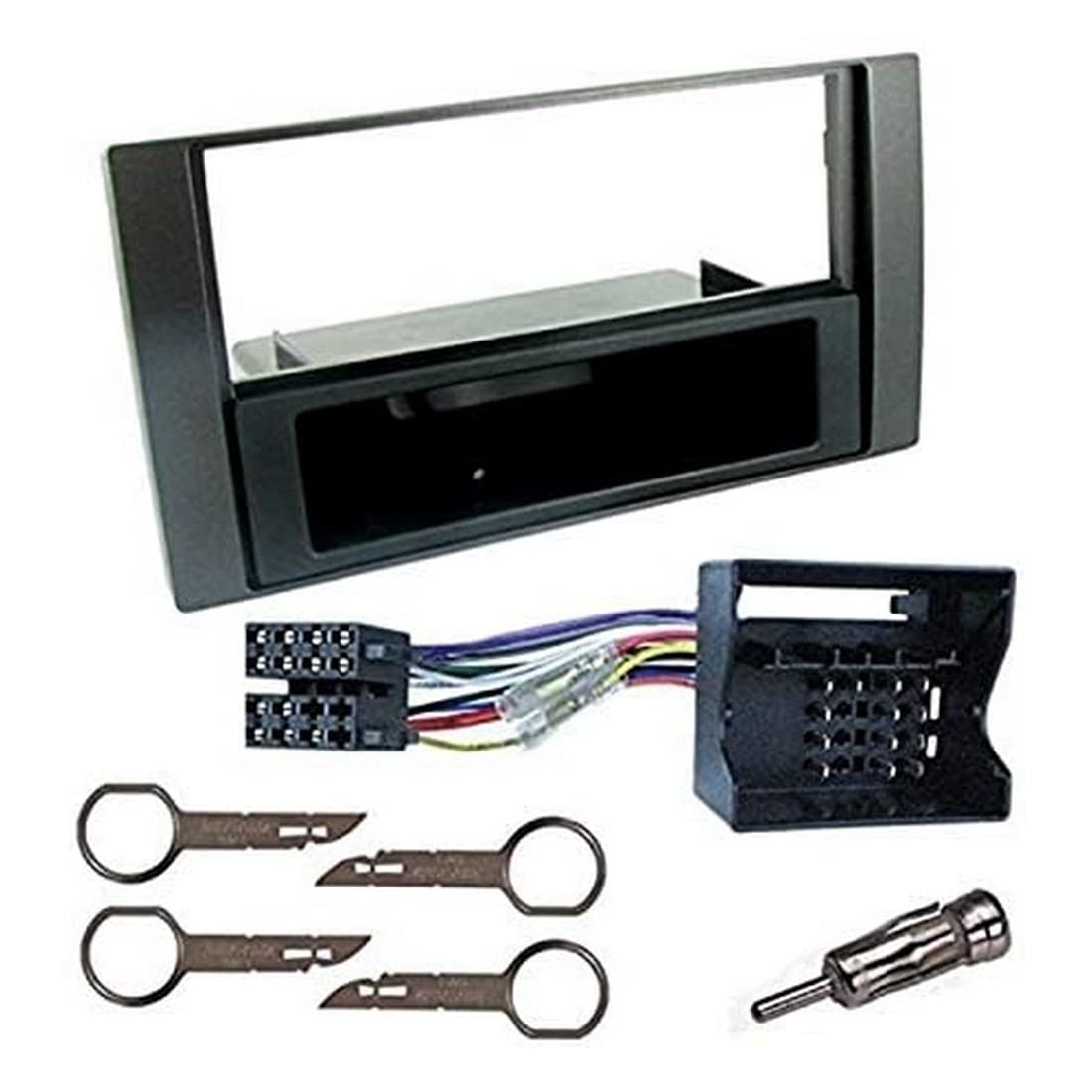Sound-way Single DIN Car Radio Frame Installation Kit, 1 DIN Front Panel Frame, Quadlock ISO Connector Cable, Antenna Adapter, Release keys, compatible with Galaxy, Fiesta, Focus, C-Max, S-Max, Transit