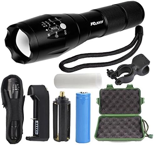 Ruixy T6A High Powered Tactical Flashlight - Ultra Bright LED Handheld Flashlight - Portable Outdoor Water Resistant Torch with Adjustable Focus and 5 Light Modes for Camping Hiking etc