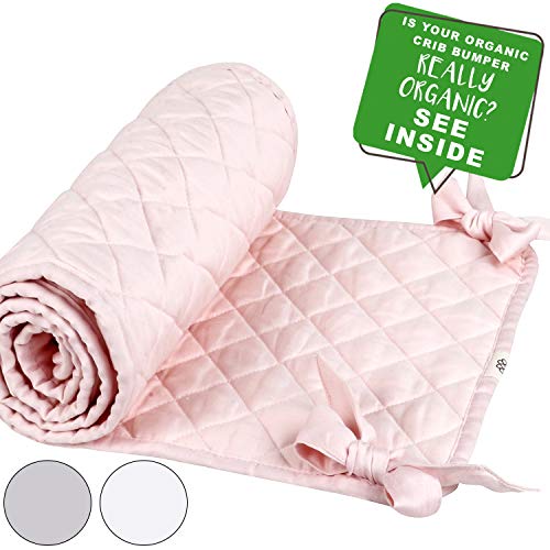 MakeMake Organics Organic Crib Bumper Pad GOTS Certified Organic Cotton Crib Bumper Pads Breathable Cotton Quilted Thinner Safe Hypoallergenic 4 PC Set Standard Crib Liner Girls (160"x10", Blush Pink)