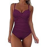 Hilor Women's Ruched Underwire One Piece Swimsuit Front Twist Swimwear Tummy Control Bathing Suit Monokini
