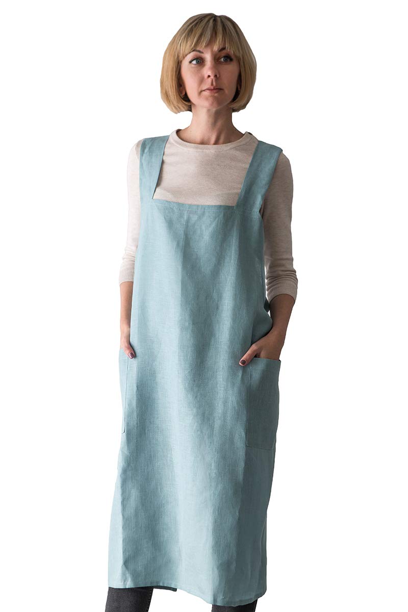 Bunny Street Pinafore Apron - Premium Quality Linen Japanese Apron for Women - No Ties Cross Back Apron for Kitchen, Craft, Garden - Nordic Sky Smock