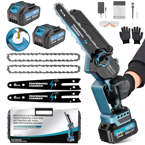 Mini Kettensäge 8 Zoll mit 2 Akkus, 8000mAh/21V Batterien Handkettensäge, 1200W Bürstenlose Einhand-Kettensäge, Astsäge Akku Motorsäge, Baumsäge Elekt