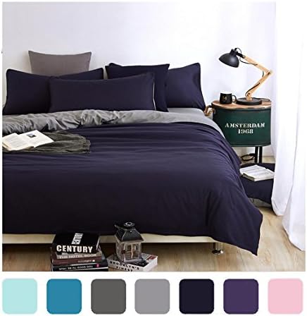 MIFE TEXTILE Lightweight Dark Blue Bedding Set, Solid Color Bedding, 4-Piece Microfiber Duvet Cover Set Queen Size (Queen, Dark-Blue)