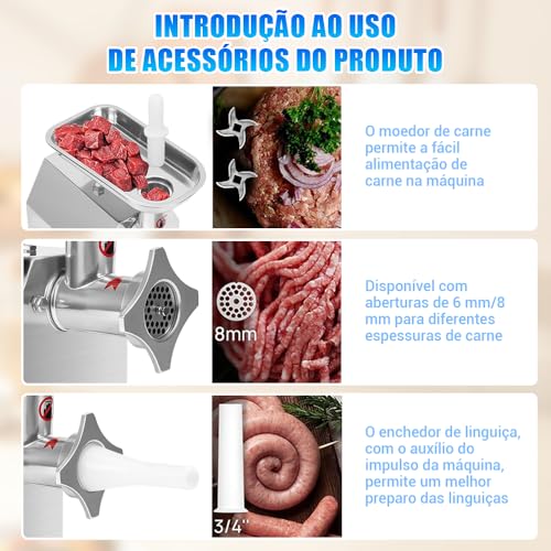 Moedor de Carne Elétrico 110V 500W Aço Inoxidável - Moer Carne, Vegetais e Fazer Linguiças