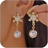 Christmas Snowflake Earrings For Women Dainty Sparkly Cz Snowflake Pendant Stud Earrings Winter Pearl Snowflakes Statement Earring Christmas Holiday Party Jewelry For Women