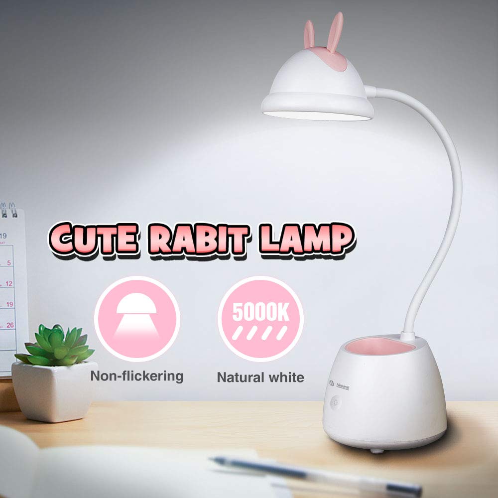 Neporal Led-Desk-Lamp-for-Kids-with-USB-Charging-Port 3 Brightness Adjustable Eye Caring Table Lamps Touch Control with Adjustable Gooseneck Wireless Study Lamp with Pen Holder for Kids Bedroom