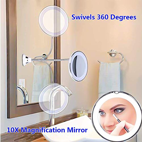 Gooseneck Magnifying Makeup Mirror, Flexible LED Lighted 10X Mirror with Suction Cup, Adjustable 360 Degree Swivel Daylight Cordless Round Vanity Travel Mirror for Wall Mounted Bathroom - Thumbnail 2