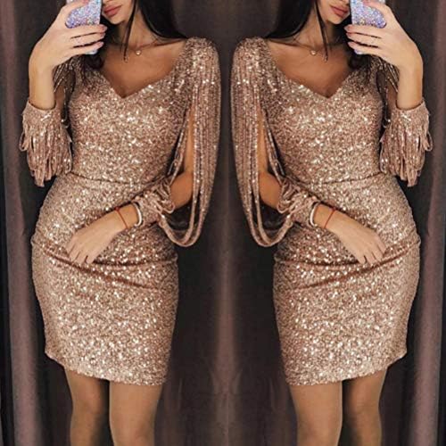 LUOEM GCID Women Party Bodycon Dress Nightclub V-neck Tassel Long Sleeve Mini Dress Cocktail Clubwear Costume - Size M (Golden)
