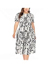 Aberyamee Vestido de trabajo floral vintage elegante de la década de 1950 para mujer Vestido a media pierna con cuello redondo y manga corta con bolsillos y bolsillos