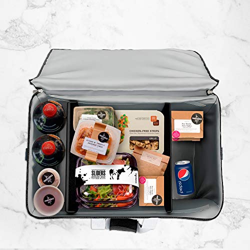 Insulated Food Delivery Bag Carrier with Shoulder Strap and 2 Patent Pending detachable dividers | Waterproof and Leakproof Interior | Uber Eats Doordash Restaurant Catering | FDA 21 CFR 177.1350 Cert