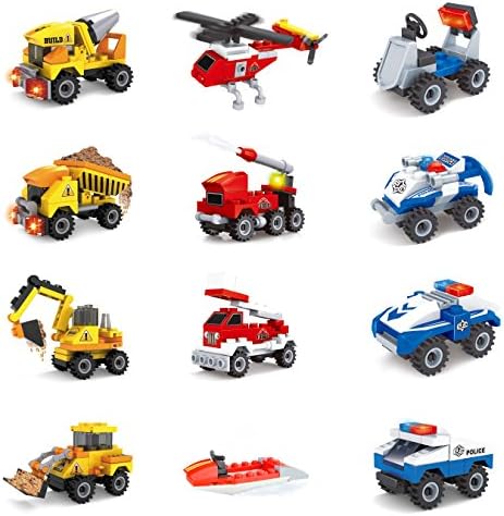 12 Mini Building Block Vehicle Sets/Construction Vehicles/Fire Trucks/Police Cars/ Party Favors/Stocking Stuffers/Motor Skills（312PCS）