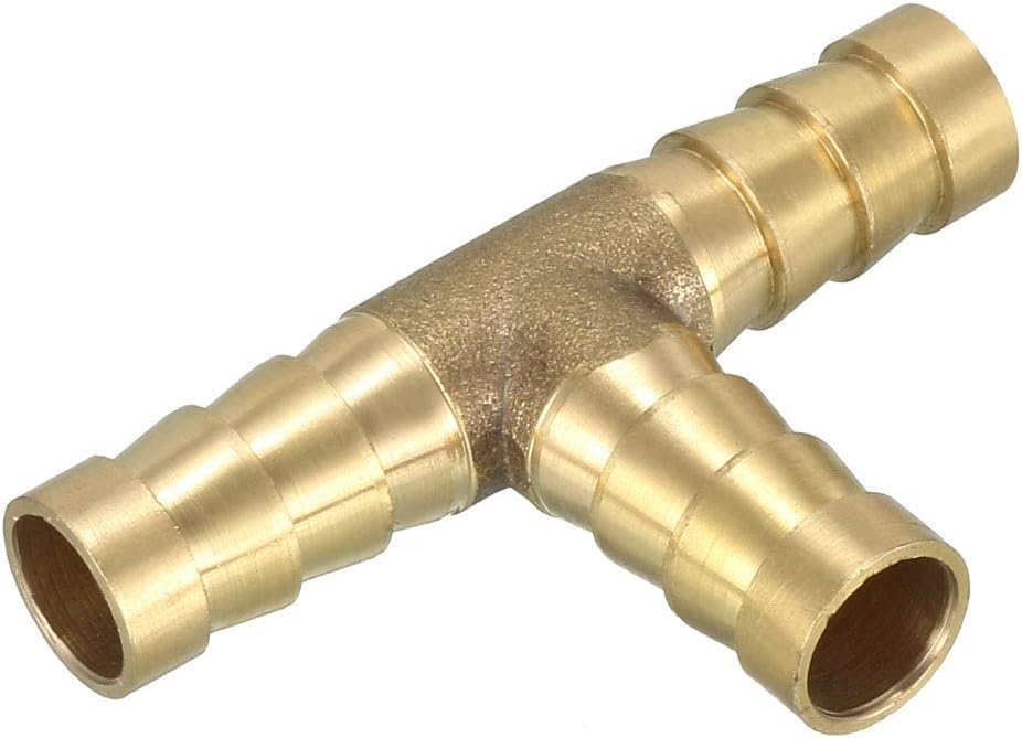 sourcing map 3/8" 10mm Brass Barb Hose Fitting Tee T 3 Way Barbed Pipe Connector, Gold Tone, 1.81-inch x 1.18-inch