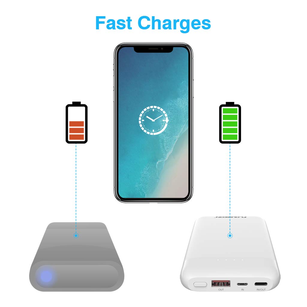 FLOUREON 10000mAh Portable Power Bank External Battery Pack Type C Phone Charger (USB Cable Included) with QC 3.0 High Speed Output for Smart Phones, Tablet, and More(White)