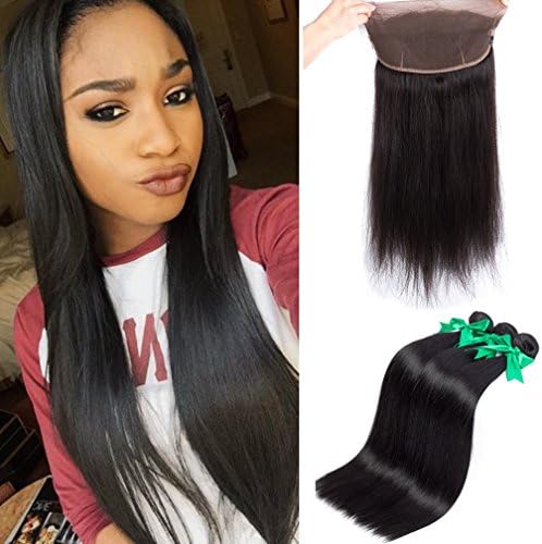 MIssIvy Hair Pre Plucked 360 Lace Band Frontal Brazilian Virgin Human hair Bundles 3pcs + 360 Lace Band Frontal Closure Silky Straight with Natural Hairline &amp; Adjustable Strap 12 14 16+12inch