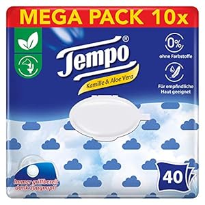 Tempo Vochtige toiletdoeken zacht & gevoelig, parfum: kamille en aloë vera, vochtige doekjes in hersluitbare comfortzak…