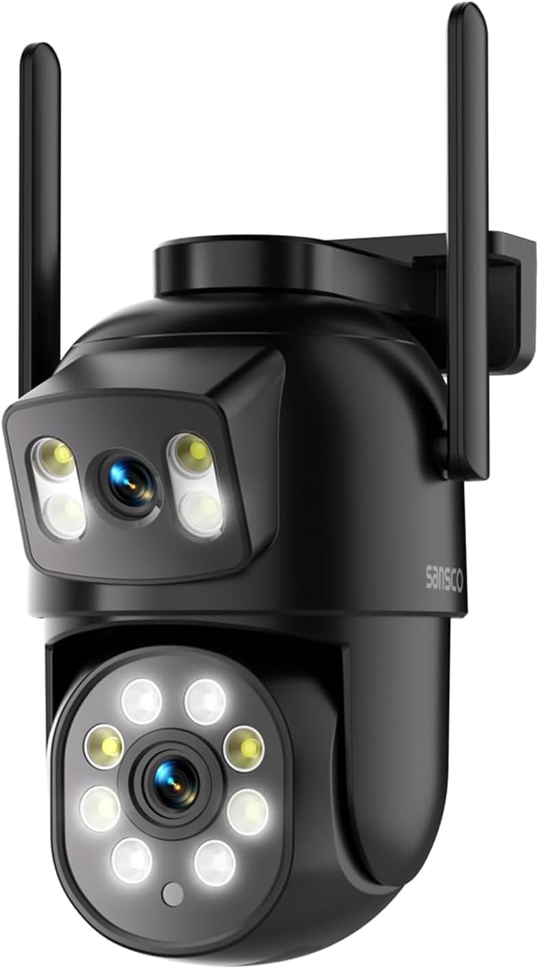 SANSCO CCTV Camera Systems,2K Dual lens PTZ Outdoor WiFi Security Camera with 360°Pan Tilt & Auto Tracking,Color Night Vision, 5G&2.4G WiFi,Plug-in Power