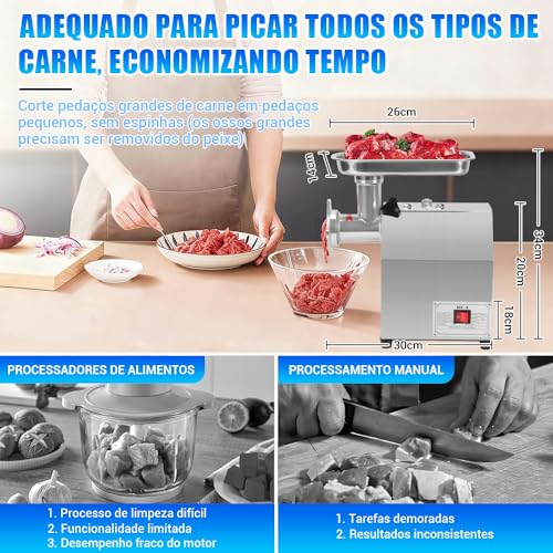 Moedor de Carne Elétrico 110V 500W Aço Inoxidável - Moer Carne, Vegetais e Fazer Linguiças