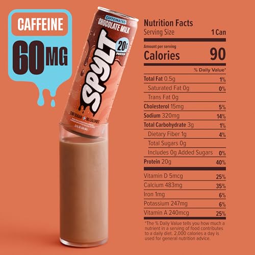 Spylt High Protein Chocolate Milk with 60mg Caffeine & 20g Protein - 90 Calories, Ready to Drink, Sugar Free, Lactose Free Milk, Perfect for Workout Recovery & Afternoon Pick Me Up - 12 Count - Packaging May Vary