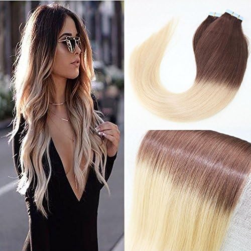 BeautyMiss 22" 40Pcs/100g Straight Human Remy Hair 2 Tone Ombre Tape in Extensions Color #4 Dark Brown And Color #613 Blonde Balayage Ombre Hair Extensions PU Tape in Hair Extensions