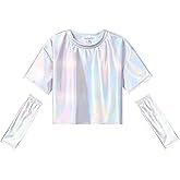 Perfashion Girls Metallic Shirts with Arm Sleeves, Shiny Crop Top for Dancing, Raves, Festivals, Costumes 4-15 Years