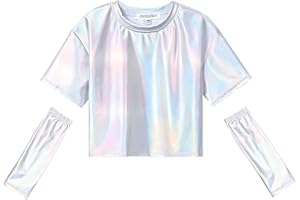 Perfashion Girls Metallic Shirts with Arm Sleeves, Shiny Crop Top for Dancing, Raves, Festivals, Costumes 4-15 Years