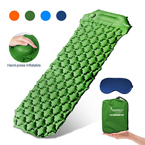 SYOURSELF Inflatable Sleeping Pad,Self-Inflating Camping Mat- Ultralight Compact Waterproof Foldable TPU Air Mattress Pads for Backpacking,Travel,Hiking,Tent,Beach,Outdoor + Eye Mask(Green)
