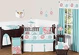 Sweet Jojo Designs Unique Turquoise Blue and Coral Emma Baby Girls 9 Piece Floral Modern Crib Bedding Set