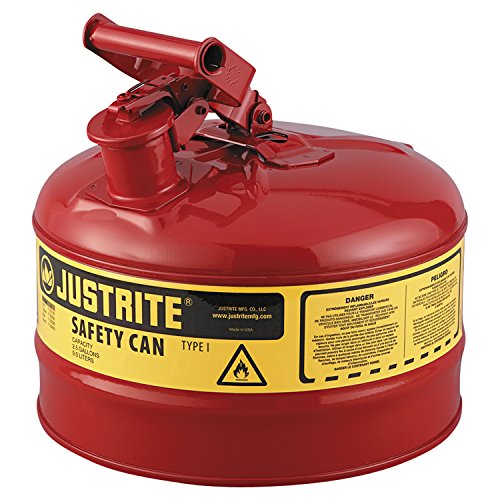 Justrite 7125100 Type I Galvanized Steel Flammables Safety Can, 2.5 Gallon Capacity, Red