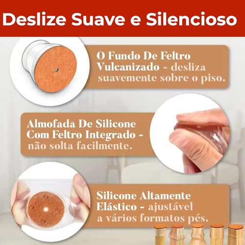 Kit 16 Protetor de Silicone Com Feltro Para Pés de Cadeira, Mesa, Banqueta - Protetores Para Móveis de até 4cm | Anti risco, Reduz Ruído, Lavável, Antiderrapante, Fácil de Instalar