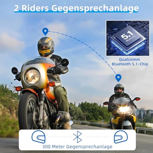WAYXIN T2 Motorcycle Headset with Intercom, Helmet Communication System for 2 People in Range of 300 m, with Voice Assistant, Waterproof Hands-Free Calling, Music Call Control (1 Piece)