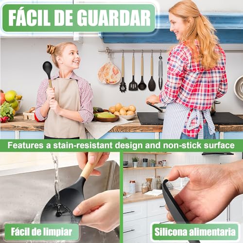 Utensilios de Cocina de Silicona, 19 Piezas Juego de Utensilios de Cocina Antiadherentes con Mango Resistente al Calor, Juego de Cucharas para Cocinar de Incluyendo Accesorios Cocina Negro