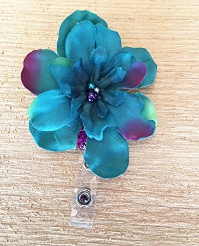 Peacock Layered Pearl Embellishment Retractable Badge Reel - Bling Flower Reel - Medical Badge Reel Clip