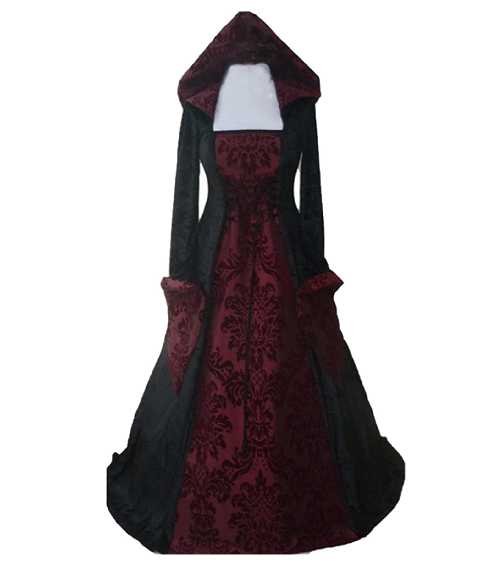 Feynman Women's Retro Medieval Dress with Trumpet Sleeves, Medieval Victorian Queen Dresses, Renaissance Gothic Maxi Dress, Carnival, Halloween Party, Princess Costume, Black and red, XXL