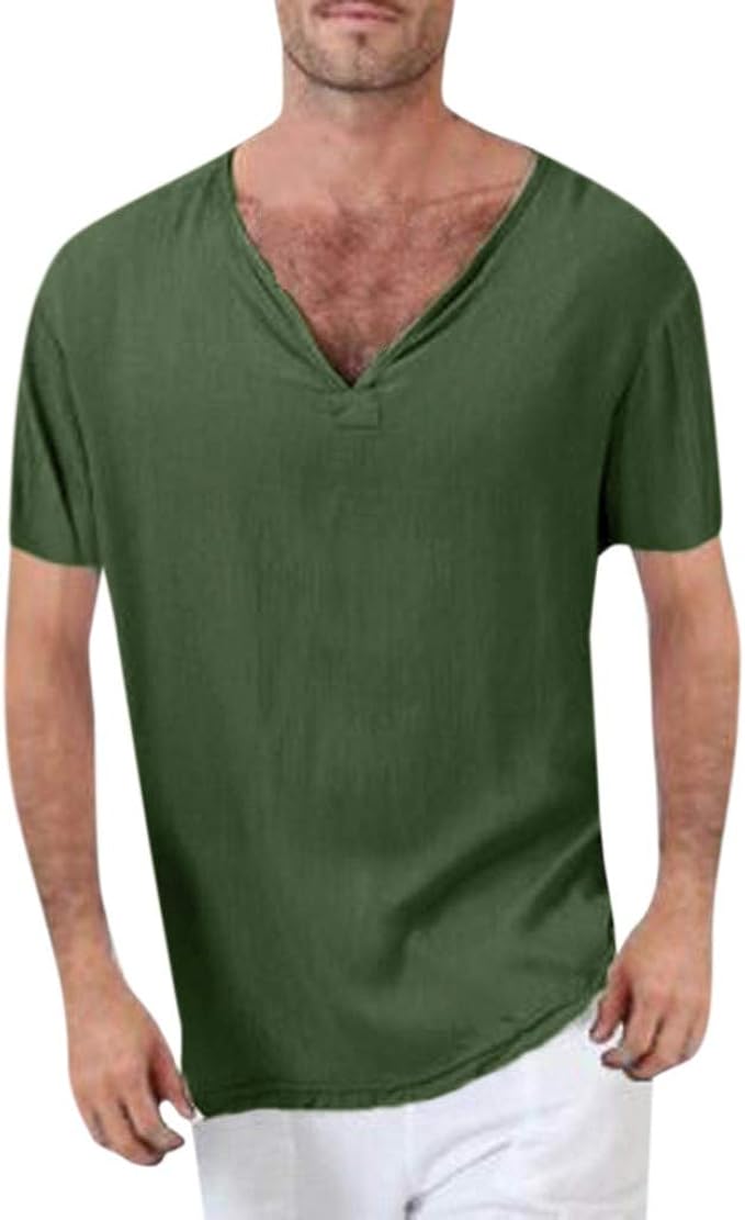 Amazon リネン コットン Tシャツ メンズ 夏 無地 Fortan シャツ Vネック 半袖 白シャツ 綿 麻生地 通気 速乾 和風シャツ ゆったり 男性夏服 普段着 部屋着 柔らかい 快適 超薄い シンプル Tシャツ カットソー 通販