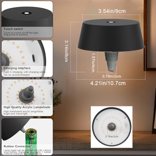 Klighten 2 Pieces Dimmable LED Table Lamp, 3000K Wireless LED Bottle Lamp with Batteries, Portable Bottle Light for Indoor/Outdoor, with Usb-C, IP54, Black, Bar/Restaurant