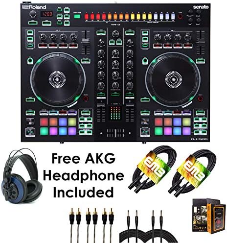 Roland PKG DJ-505 Two Channel, Four-Deck Serato DJ Controller – Package Bundle with 3x RCA Cable, 2x XLR Cable, 2x QTQ Cable, and Free Blue Headphone & Mobile Bracket