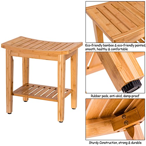 Giantex 18'' Bamboo Shower Bench Seat w/ Storage Shelf Bathroom Seat Spa Bath Organizer Stool Perfect for Indoor Outdoor - Thumbnail 4