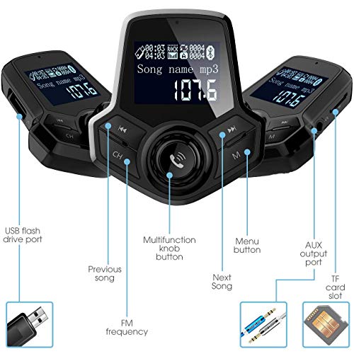 in-Car Bluetooth FM Transmitter Wireless Radio Adapter Hands-Free Car Kit with 1.44 Inches Display TF Card Mp3 Player Dual USB Ports AUX Input/Output Voltmeter Function for Smart Phones Audio (Black)