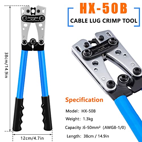 Dechengbao Crimping Pliers for 6-50mm² Battery Cable (10-1AWG) with 60pcs Copper Terminals 8 Sizes Heavy Duty Crimping Pliers for Battery Wire Terminal