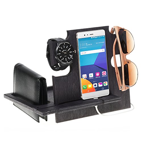 Docking Station Ebony, Cell Phone Stand for Men - Wooden Desk Organizer for Devices