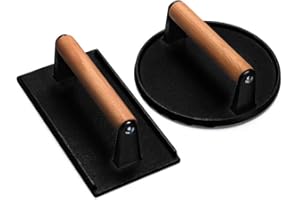 EWFEN Burger Press, 7" Round & 8.2"X4.3" Rectangle Heavy-Duty Cast Iron Smash Bacon Press Meat Steak with Wood Handle for Griddle, Sandwich, Nonstick Pan