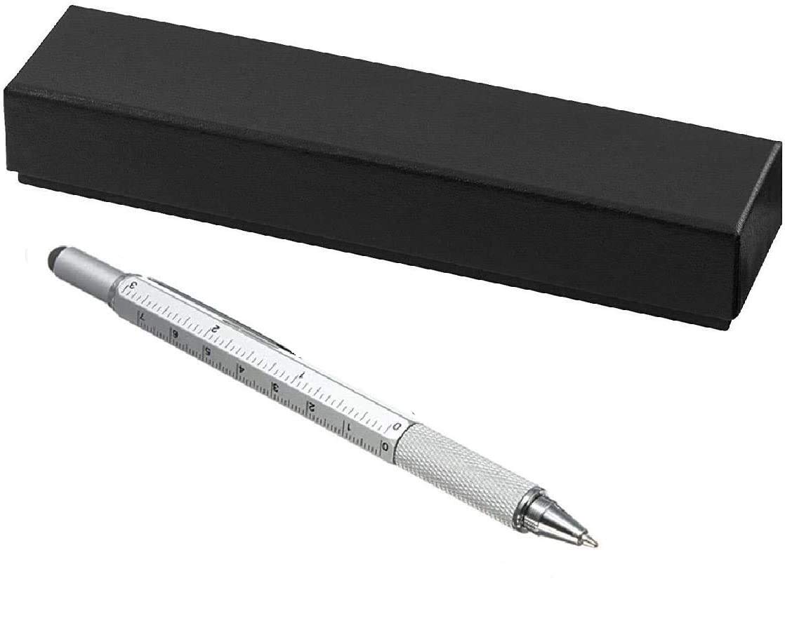 Multi-Function Versatile Stylus Pen Tool 6 in 1 Pen Multitool with Gift Box –Includes 1 Ballpoint Pen, Universal Stylus, Ruler, 2X Screwdrivers, Level Gauge – Perfect Christmas Novelty Gift (Silver)