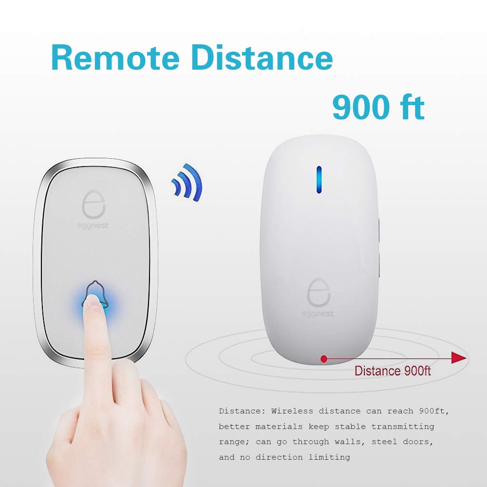 Wireless Doorbell Door Chime Kit Portable Waterproof Push Button over 900ft Long Range 4-Level Volume & Blue Light 36 Melodies to Choose 1 Transmitters 1 Receivers-White