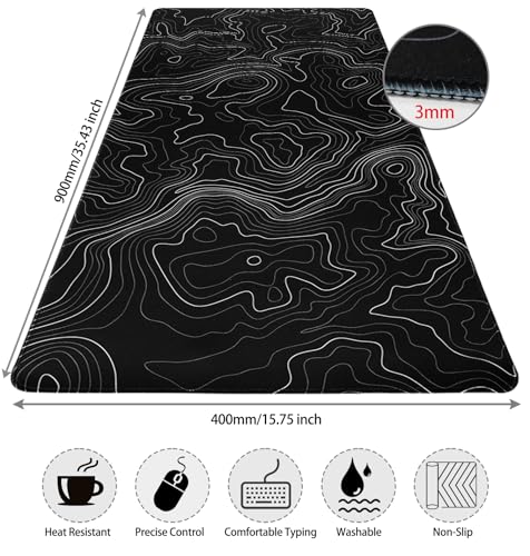 Niviy Mouse Mat XXL 900 x 400 mm Ergonomic Desk Mat for Office/Home, Non-Slip Rubber Base, Stitched Edges, Black Topographic Contour