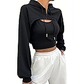 Hilinker Women's Zip Up Long Sleeve Cropped Hoodie Workout Drawstring Super Crop Tops Black X-Small