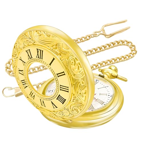 GUROENKY Vintage Pocket Watch Arab Numerals Dial Hollow Quartz Pocket Watch with Chain for Xmas Father's Day Gift