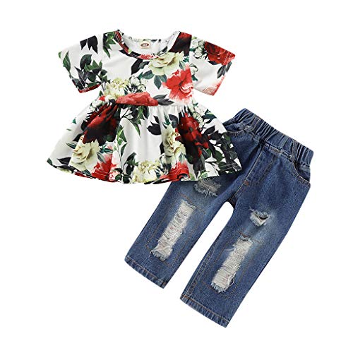 Girls Floral Shirt,SMALLE◕‿◕ 2019 Baby Girls Floral Dress Tops+Hole Denim Jean Kids Clothes Sets White